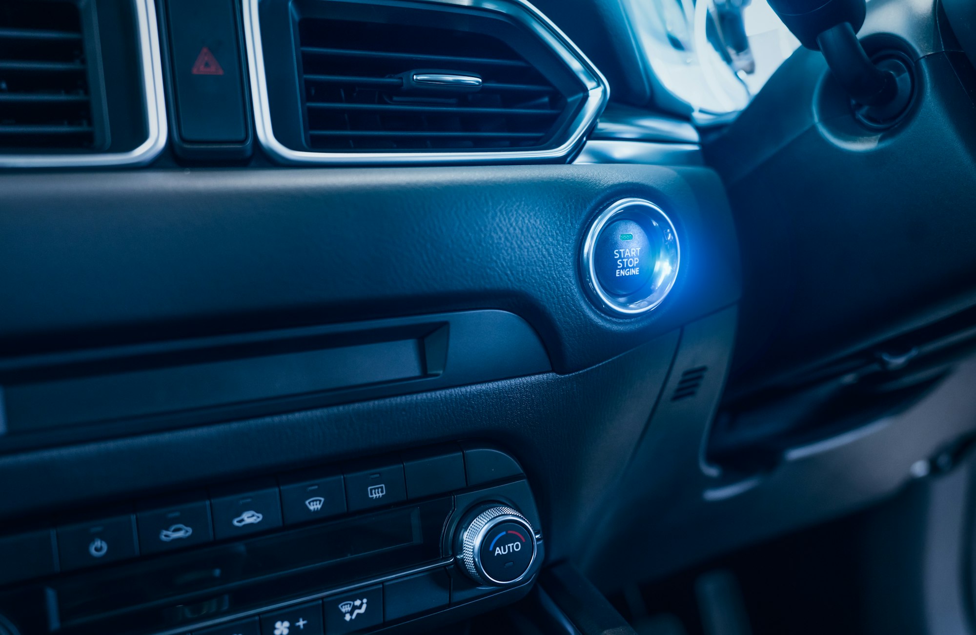 Start Stop Engine Button Of Luxury Car. Push Up Button For Start Or Stop Car Engine In Keyless